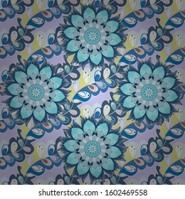 Gentle, spring floral on gray, neutral and blue colors. Exploding flowers abstractly placed. Vector illustration. Vector pattern.