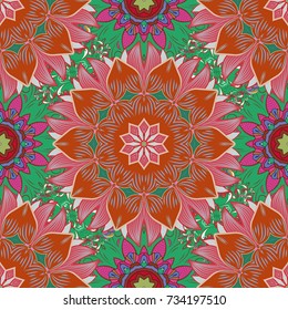 Gentle, spring floral on orange, green and pink colors. Vector illustration. Vector floral pattern in doodle style with flowers.