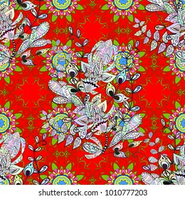 Gentle, spring floral on red, green and neutral colors. Vector illustration. Vector floral pattern in doodle style with flowers.