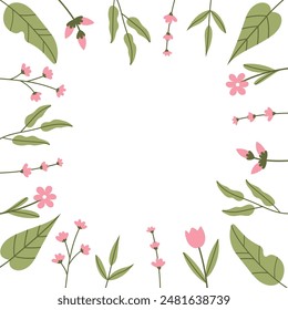 Gentle spring flowers frame. Vector template for greeting card on white background.