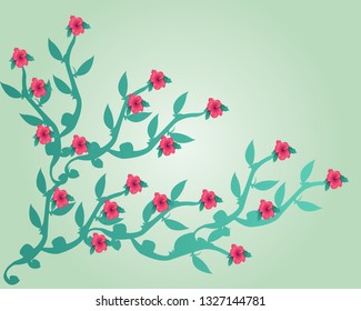 Gentle spring flowers on a bed green background. A branch with red flowers.