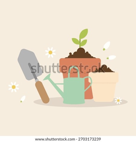 Gentle Spring Gardening Tools and Potted Seedling with Daisy Flowers