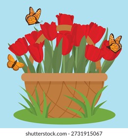 Escena de primavera suave con cesta de ramita llena de flores de tulipán rojo mariposas de colores y hierba verde diseño estacional