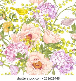 Gentle Spring Seamless Background, Floral Bouquet with Birds, Vintage Greeting Card, Vector illustration. Peonies, Mimosa, Roses, Hydrangea 