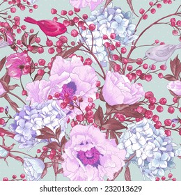 Gentle Spring Seamless Background, Floral Bouquet with Birds, Vintage Greeting Card, Vector illustration. Peonies, Mimosa, Roses, Hydrangea 