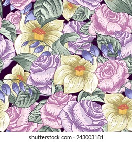 Gentle Spring Seamless Floral Botanical Pattern with Roses and Wildflowers 