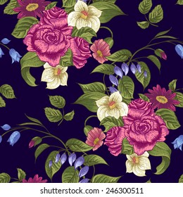 Gentle Spring Seamless Floral Pattern with Roses and Wildflowers 