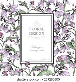 Gentle spring watercolor greeting card with Blooming flowers. Floral background with place for text.  Vector Illustration