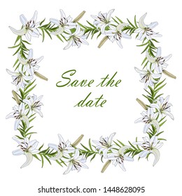 Gentle square frame for congratulations, invitations with white lily flowers. Save the invitation date template
