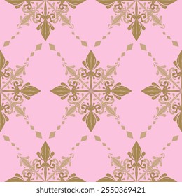 Bordado de oro suave pero fuerte sobre fondo rosa Vector de patrón sin fisuras. Glamour de lujo de Sweet. Elaborado Regency Argyle con decoración geométrica para el estilo de marca de opulencia, alfombra, ropa, alfombra