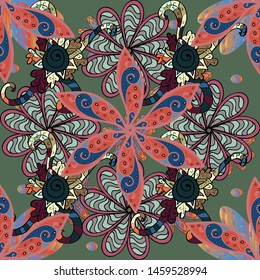 Gentle, summer floral background. Vector floral pattern in doodle style with flowers. Flowers on pink, blue and green colors.