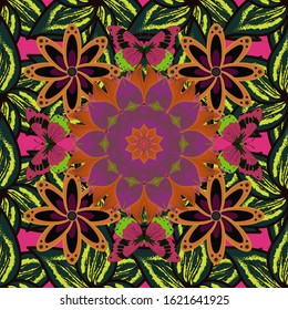 Gentle, summer floral background. Vector floral pattern in doodle style with flowers. Flowers on black, blue and purple colors.