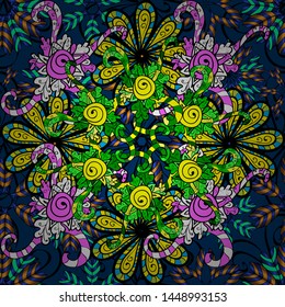 Gentle, summer floral on blue, green and black colors. Vector illustration. Vector floral pattern in doodle style with flowers.