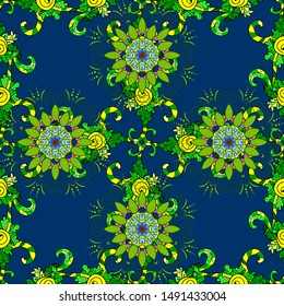 Gentle, summer floral on blue, green and yellow colors. Vector illustration. Cute Floral pattern in the small flower. Vector pattern.