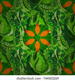Gentle, summer floral on green, orange and black colors. Vector pattern. Vector illustration. Cute Floral pattern in the small flower.