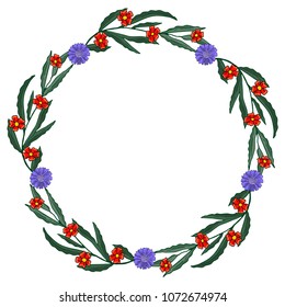 Gentle summer flowers arranged in a shape of heart. Doodle style. Wildflowers wreath isolated on white background.
