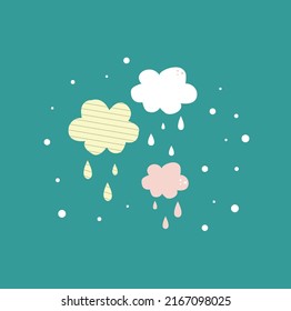 suave patrón de verano. nubes rayadas blancas, rosas y grises con gotas de lluvia