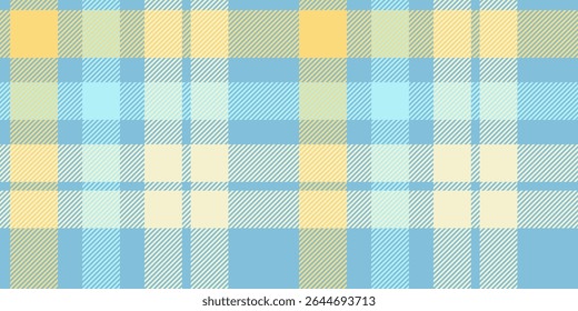 Tartan suave padrão xadrez em tons suaves de azul e amarelo, complementado por acentos brancos sutis. Estética leve e alegre, perfeita para aplicações têxteis, decoração interior, papel de embrulho