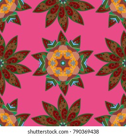 Gentle, tender floral background. Flowers on pink, green and red colors. Vector floral pattern in doodle style with flowers.