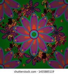 Gentle, tender floral background. Vector floral pattern in doodle style with flowers. Flowers on red, purple and green colors.