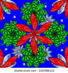 Gentle, tender floral background. Vector floral pattern in doodle style with flowers. Flowers on green, red and blue colors.