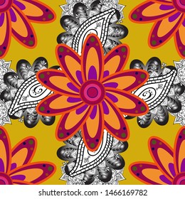 Gentle, tender floral background. Vector floral pattern in doodle style with flowers. Flowers on purple, yellow and orange colors.