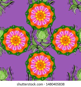 Gentle, tender floral background. Vector floral pattern in doodle style with flowers. Flowers on violet, orange and green colors.