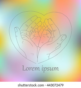 Gentle and tiny a foot of the newborn child in the careful and loving mother's hands. Multicolor background