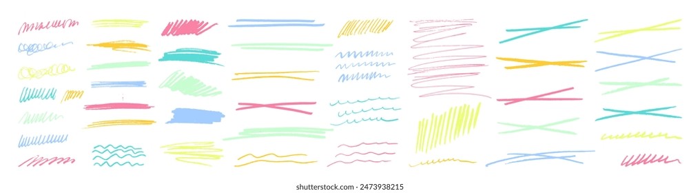 Gentle toddler naive playful horizontal lines, crosses, underlines, strikethroughs. Pastel colored baby chalk scribble wavy marks. Pale pastel smears, scrawls, textures. Vector kids drawings on white