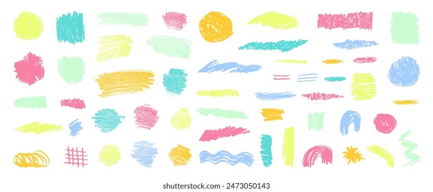 Gentle toddler naive playful shapes. Baby chalk scribbles in pastel colors. Dry pastel smears, scrawls, textures. Set of kids drawings on transparent backdrop. Vector childish hand-drawn illustration