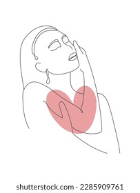Gentle touch of a girl to herself. Woman hugging herself with heart. Self-care, love, attention, support yourself illustration. Outline, line style. Vector