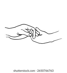 gentle touching of fingers of two people's hands - hand drawn line art