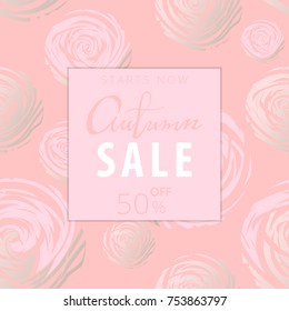 Gentle Trendy Card with Abstract rose flowers with gold elements.  Elegant Vector Sale Banner. Vector