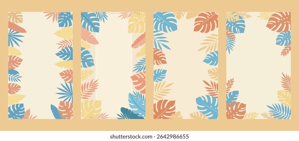 Padrões de folhas tropicais suaves em cores pastel criando um quadro vertical calmante. Ótimo para fundos de verão pacíficos, convites serenos ou fronteiras sutis
