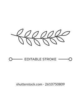 Gentle twig with leaves line icon. Fresh branch of young tree with foliage. Nature beauty. Floral ornament. Isolated vector illustration. Outline symbol. Simple linear drawing. Editable stroke