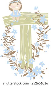 Gentle vector hand drawn Floral and Wooden monogram with sitting funny little girl and blue spring flowers. Letter "T" is perfect for your design - flyers, posters, invitations, cards and so on.