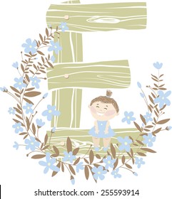 Gentle vector hand drawn Floral and Wooden monogram with sitting funny little girl and blue spring flowers. Letter "E" is perfect for your design - flyers, posters, invitations, cards and so on.