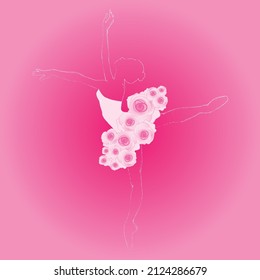 Gentle vector illustration of a silhouette of a graceful ballerina girl in a dance pose with a skirt of rose flowers on a pink gradient background.