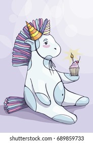 Gentle vector illustration of a unicorn with a festive hat and a piece of cake. Unicorn birthday in a cartoon style.