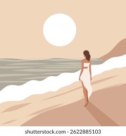 Gentle vector illustration woman girl on vacation, walking on the beach. Summer holidays. Back view woman. Sea, sky, sandy shore. Illustration in beige and pink palette for tourism projects