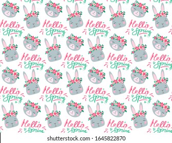 Gentle vector seamless pattern with bunnies and kats. Rabbits and kittens in floral wreaths with closed eyes. Cartoon style. Vector print on factory textile for children,t-shirts, packaging, wallpaper