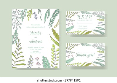 Gentle vector wedding cards template, Wedding invitation or save the date, RSVP and thank you card for bridal design. Vector postcard with hand drawn floral decoration 