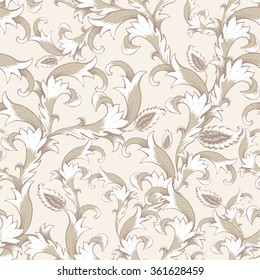 Gentle vintage baroque seamless pattern with swirls, vector illustration