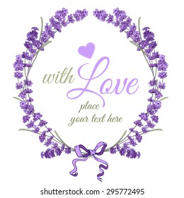 Gentle vintage card with hand drawn floral wreath in engraving style - fragrant lavender. Vector illustration.