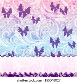 Gentle vintage frame with translucent violet butterflies and wave strip (vector EPS 10)