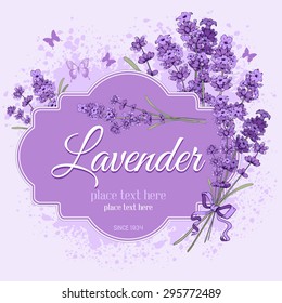 Gentle vintage label with hand drawn floral elements in engraving style - fragrant lavender. Vector illustration.