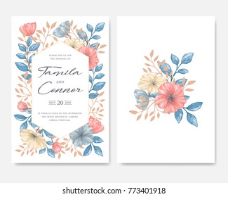 Gentle vintage set of floral greeting card with hand drawn in pastel colors garden flowers. Design template for wedding, greeting, save the date, thank you, birthday and seasonal card.