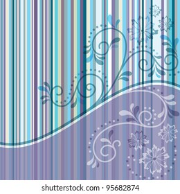 Gentle violet and blue striped frame with transparent curls and flowers (vector EPS 10)