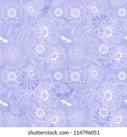 Gentle violet seamless background with calligraphy white floral pattern (vector)