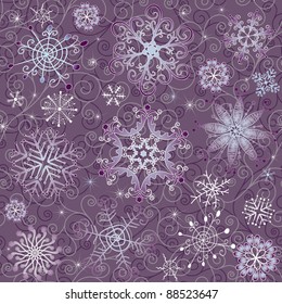 Gentle violet seamless Christmas pattern with varied snowflakes and curls (vector)
